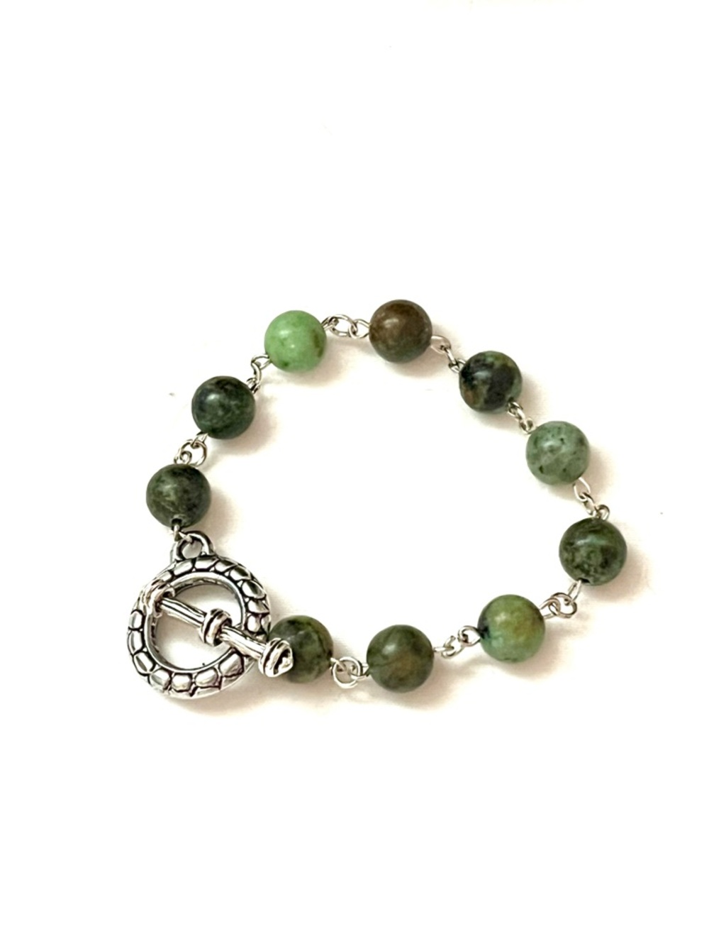 Handmade African Turquoise Bead Bracelet Silver Tone Textured Toggle Clasp Boho
